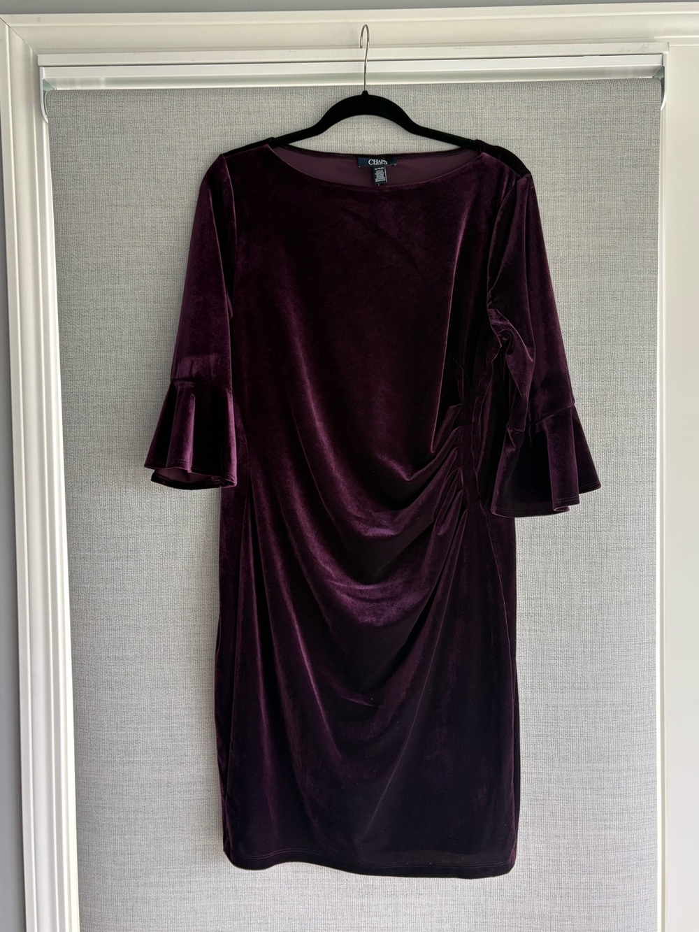 Velvet Ruched Dress with Ruffle Sleeves - Deep Plum